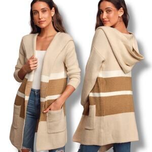 Lulus Carlsbad Hooded Cardigan Sweater Tan Beige Medium / Large